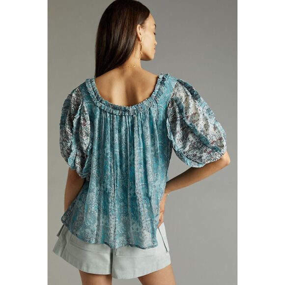 ANTHROPOLOGIE Pintucked Chiffon Womens Blouse AQUA - S SMALL NEW TOP - Picture 3 of 3